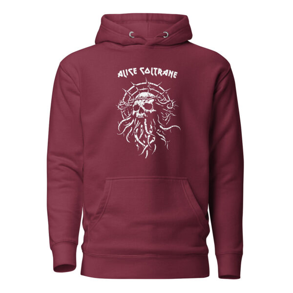 Front view of a maroon unisex hoodie featuring a white graphic of a hollow-eyed skull encircled by thorny tentacles and bold jagged text above.