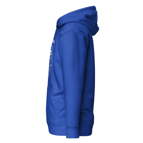 Side view of a royal blue unisex hoodie showing a white skull with tentacle-like extensions peeking from the front design.