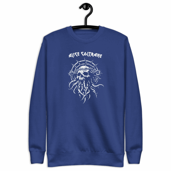 Royal blue crewneck sweatshirt shown on a hanger, displaying a bold white skull with swirling tentacles and a thorny crown. Above it, sharp white text reads “ALICE COLTRANE.”