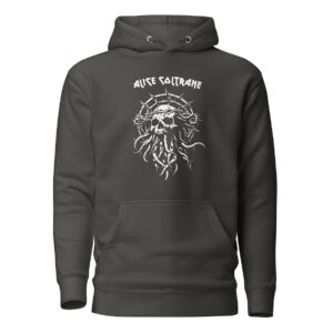 Front view of a dark gray pullover hoodie featuring a white line-drawn skull with hollow eyes, a thorny halo, and tangled tentacles flowing downward. Above the design, sharp-edged white text reads “ALICE COLTRANE.”
