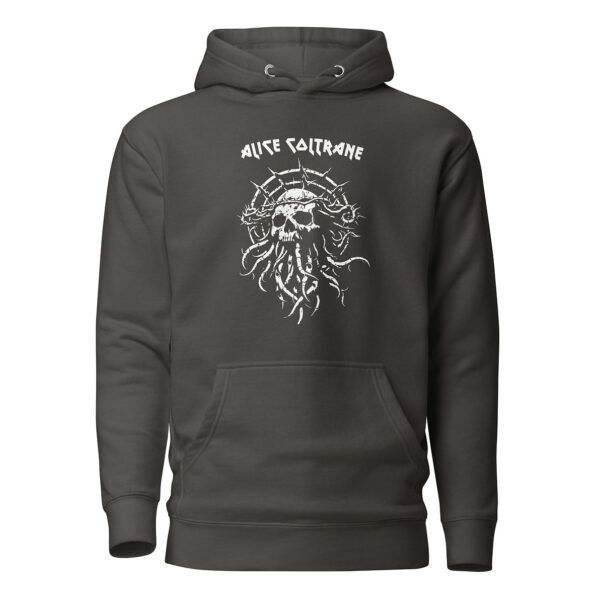 Front view of a dark gray pullover hoodie featuring a white line-drawn skull with hollow eyes, a thorny halo, and tangled tentacles flowing downward. Above the design, sharp-edged white text reads “ALICE COLTRANE.”