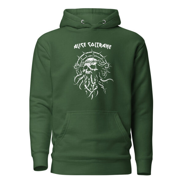 Front view of forest green unisex pullover hoodie with white thorned skull-and-tentacle graphic and “Alice Coltrane” name in stylized type.