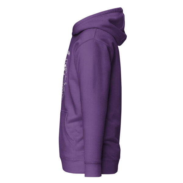 Side view of purple unisex pullover hoodie showing front pocket and partial visibility of white “Alice Coltrane” skull design.