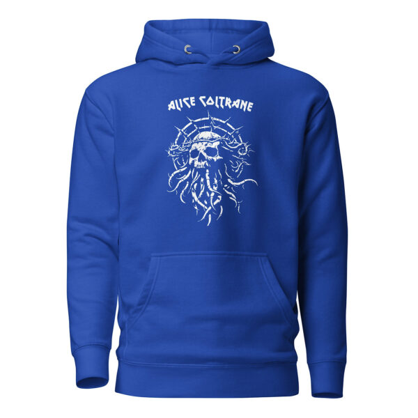 Front view of royal blue unisex pullover hoodie featuring white skeletal skull illustration encircled by tentacles and thorns, with “Alice Coltrane” text above.
