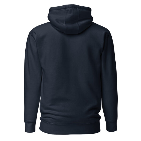 Back view of navy blue unisex pullover hoodie, blank back, showing seam details and hood structure.