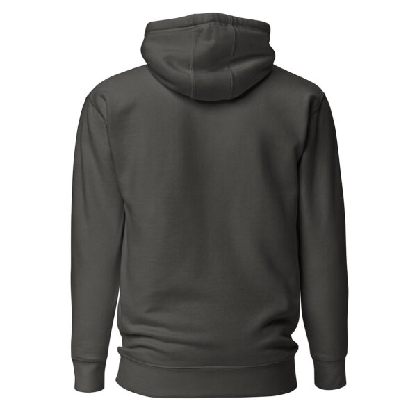 Back view of dark grey unisex pullover hoodie, plain with hood up, no visible design.