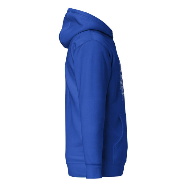 Side view of royal blue unisex pullover hoodie featuring front kangaroo pocket and “Alice Coltrane” skeletal skull and tentacles graphic partially visible in white.