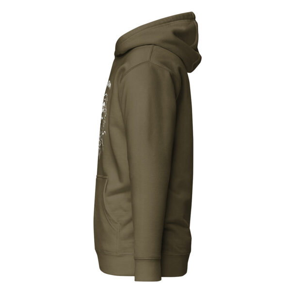 Side profile of a military green pullover hoodie with front kangaroo pocket and visible hood seam; partial view of a white graphic design printed on the chest.