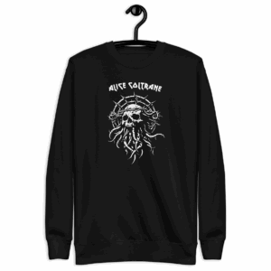 Black crewneck sweatshirt hanging on a black hanger, featuring a white spiked halo-skull graphic with twisting tentacles and the text “ALICE COLTRANE” in white blocky script above.