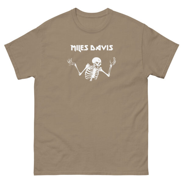 Toast brown unisex t-shirt showing a white skeleton shrugging under the text “Miles Davis” in sharp block letters.