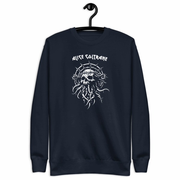 Navy crewneck sweatshirt displayed on a black hanger. The front shows a white thorn-crowned skull with flowing tentacles, with stylized text above reading “ALICE COLTRANE.”