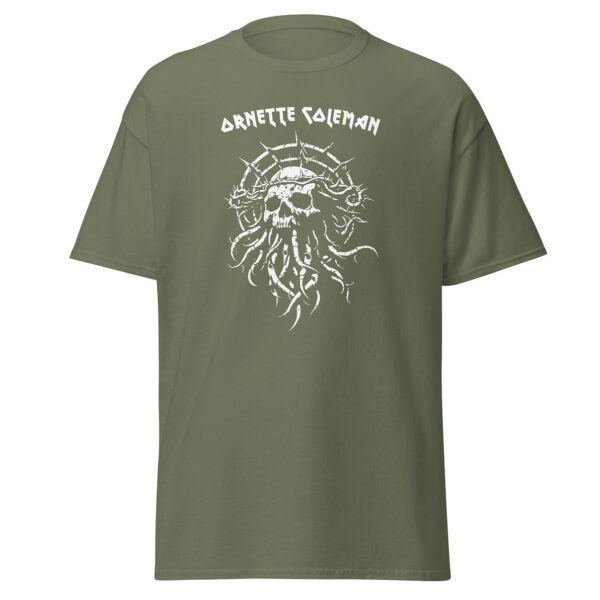 Military green t-shirt featuring a white distressed graphic of a skull with tentacles and a thorny crown. The name “Ornette Coleman” is printed in bold, jagged white lettering above the illustration.