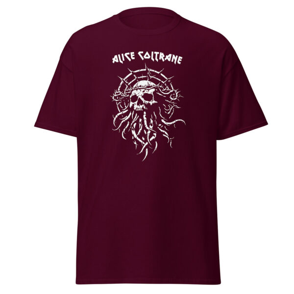 Front view of a maroon unisex t-shirt with a white skull and thorny tentacle graphic and the name “Alice Coltrane” in angular type above.
