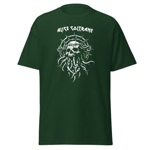 Side view of forest green Alice Coltrane t-shirt, showcasing sleeve and side profile with partial visibility of white front graphic.