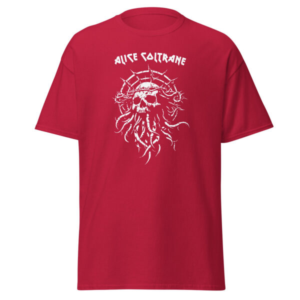 Red short-sleeve t-shirt with a white skull graphic under a thorny crown and the name "Alice Coltrane" in bold angular type.
