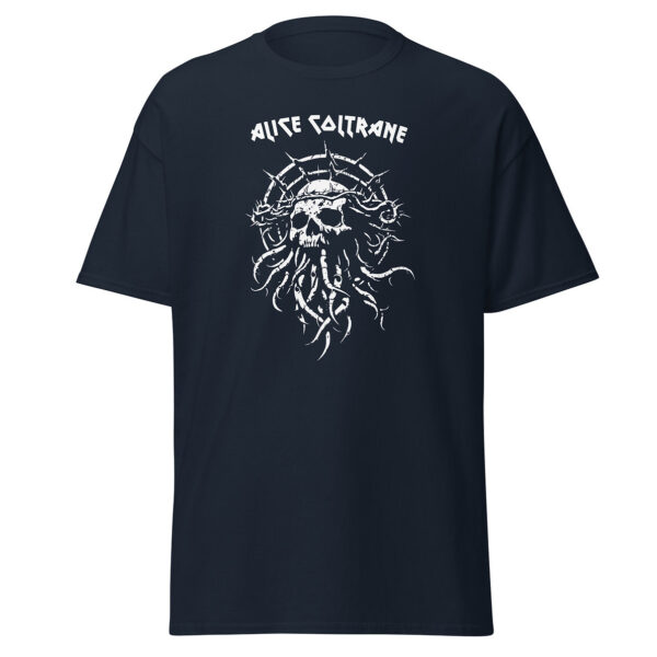 Front view of navy Alice Coltrane t-shirt with a white illustration of a skull and tentacles encircled by thorns and the name "Alice Coltrane" in a bold stylized font.