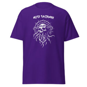 Front view of purple Alice Coltrane t-shirt featuring a white skeletal face with thorn crown and tentacles below, with arched "Alice Coltrane" text above.