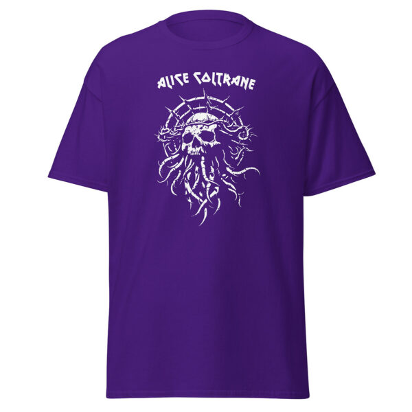 Front view of purple Alice Coltrane t-shirt featuring a white skeletal face with thorn crown and tentacles below, with arched "Alice Coltrane" text above.