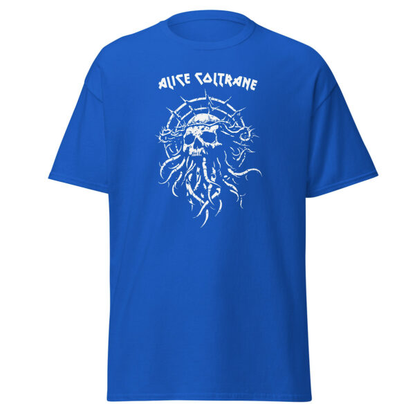 Bright blue short-sleeve t-shirt with a white graphic of a skull crowned with thorns and tentacle-like roots below, under the text "Alice Coltrane" in a bold metal-style font.