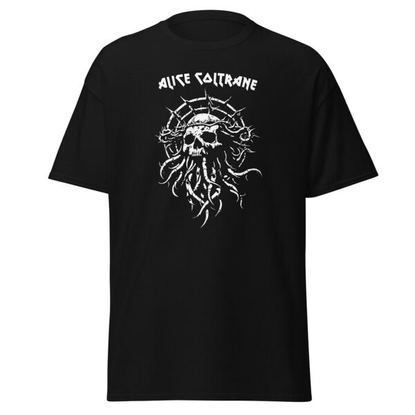 Front view of a black unisex t-shirt displaying a white skeletal skull with flowing tentacles and a thorny halo, topped with the name “Alice Coltrane” in bold, angular type.