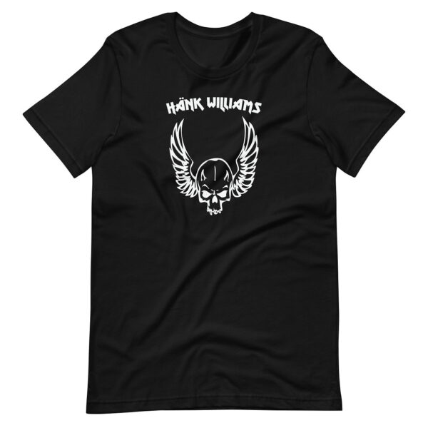 Black t-shirt featuring a clean white illustration of a winged skull with “Hank Williams” stylized above the image