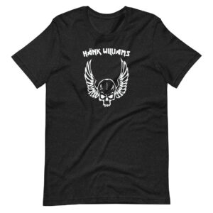 Black t-shirt featuring Hank Williams skull and wings graphic in white on a dark heathered background.