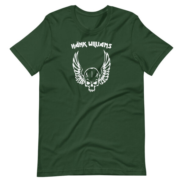 Dark green t-shirt decorated with a white gothic-style skull and wings illustration beneath the “Hank Williams” name