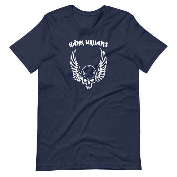Navy blue t-shirt with a prominent white graphic featuring a winged skull beneath the bolded “Hank Williams” name