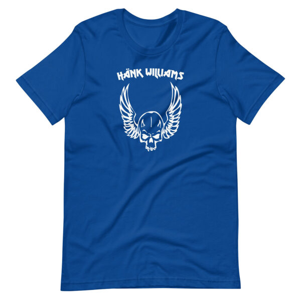 Royal blue t-shirt with striking white artwork of a skull flanked by outstretched wings and “Hank Williams” text above