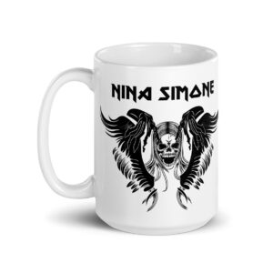 White ceramic mug, front view, with winged skull illustration and “Nina Simone” in heavy black font