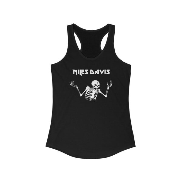 Front view of a black racerback tank top laid flat, showing the same skeleton and “Miles Davis” graphic in white ink.