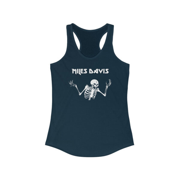 Dark blue women's racerback tank top laid flat, featuring a white skeleton illustration with raised arms and the text “Miles Davis” in a bold, angular font above.