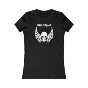 Front view of a black women’s fitted t-shirt featuring a white winged skull graphic and “Nina Simone” text.