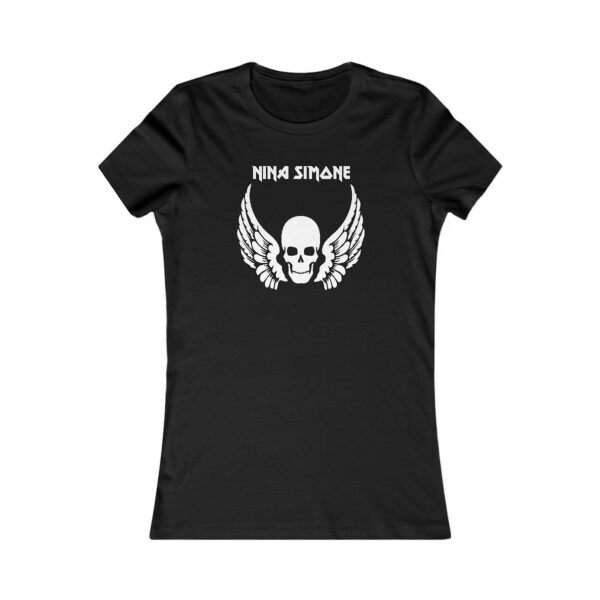 Front view of a black women’s fitted t-shirt featuring a white winged skull graphic and “Nina Simone” text.