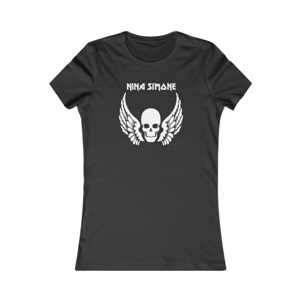 Front view of a dark gray women’s fitted t-shirt with a white winged skull design and “Nina Simone” text.
