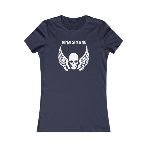 Front view of a navy women’s fitted t-shirt featuring a white skull with wings and the text “Nina Simone” above it.