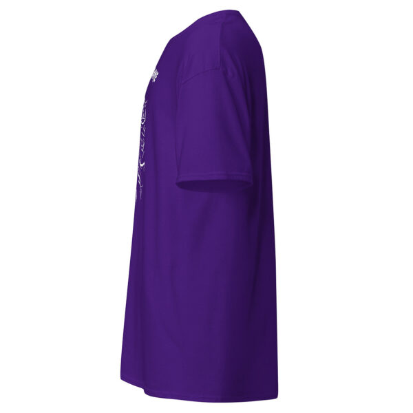 Side view of purple Alice Coltrane t-shirt, reverse angle with partial view of design.