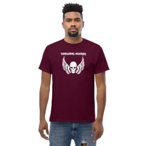 Front-facing maroon t-shirt featuring a white winged skull graphic and the name “Cannonball Adderley” in stylized white lettering above it.