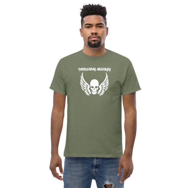 Man facing forward in olive tee with Cannonball Adderley skull and wings print.