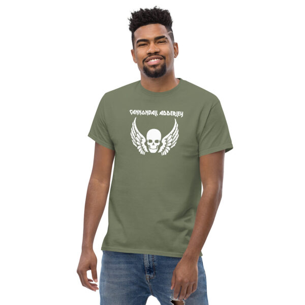 Olive Cannonball Adderley tee shown front-facing on smiling model with white graphic.
