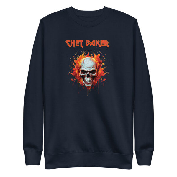 Black/navy crewneck sweatshirt with flaming skull and “Chet Baker” in metal-style font