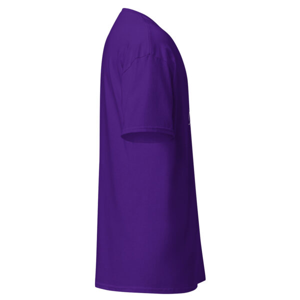 Side view of purple Alice Coltrane t-shirt, partial view of sleeve and body with a hint of the front white graphic.