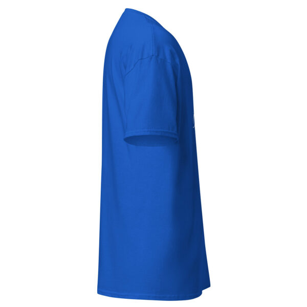 Bright blue t-shirt, side profile view with no visible design