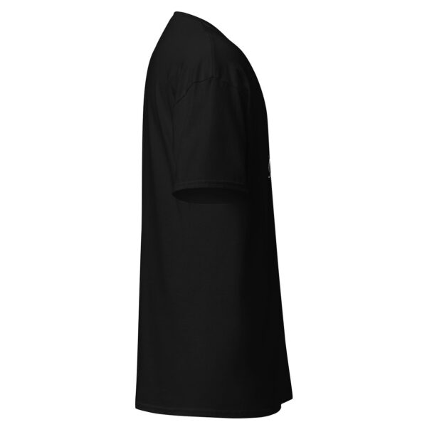 Left side view of a black unisex t-shirt