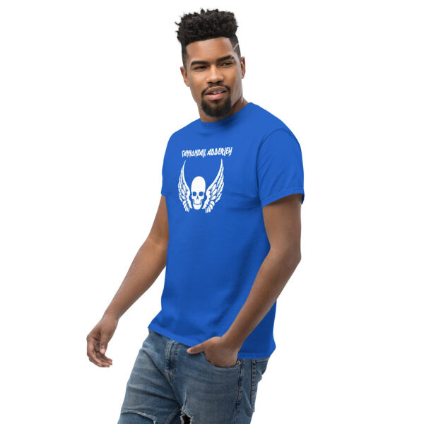 Royal blue t-shirt worn by model, featuring white skull with wings and "Cannonball Adderley" text in metal-style font.