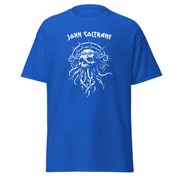 Front angled view of a royal blue unisex t-shirt with a white graphic of a bearded skull wearing a thorn crown and “John Coltrane” above.