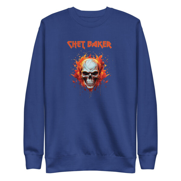 Royal blue crewneck sweatshirt with flaming skull and “Chet Baker” in metal-style font