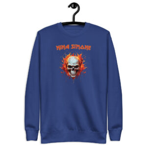 Royal blue crewneck sweatshirt on hanger with a flaming skull graphic and the text “NINA SIMONE” in orange, in a bold, rock-style font.