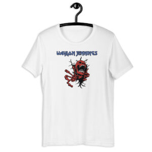 White t-shirt on hanger with graphic of a red, cracked skeleton bursting through a wall and blue text above that reads “WAYLON JENNINGS” in sharp-edged font.