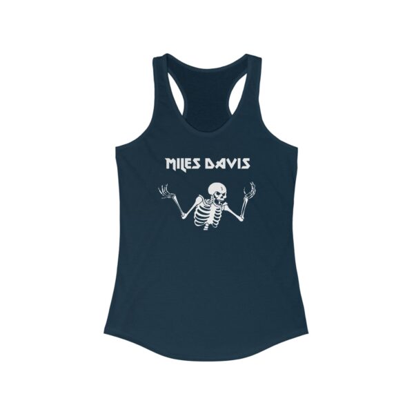 Dark teal racerback women's tank top with a white skeleton graphic shrugging beneath the name "Miles Davis" in a bold, angular font.